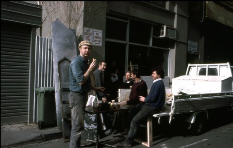 Six Degrees in front of their small bar in a lane called Meyers Place.