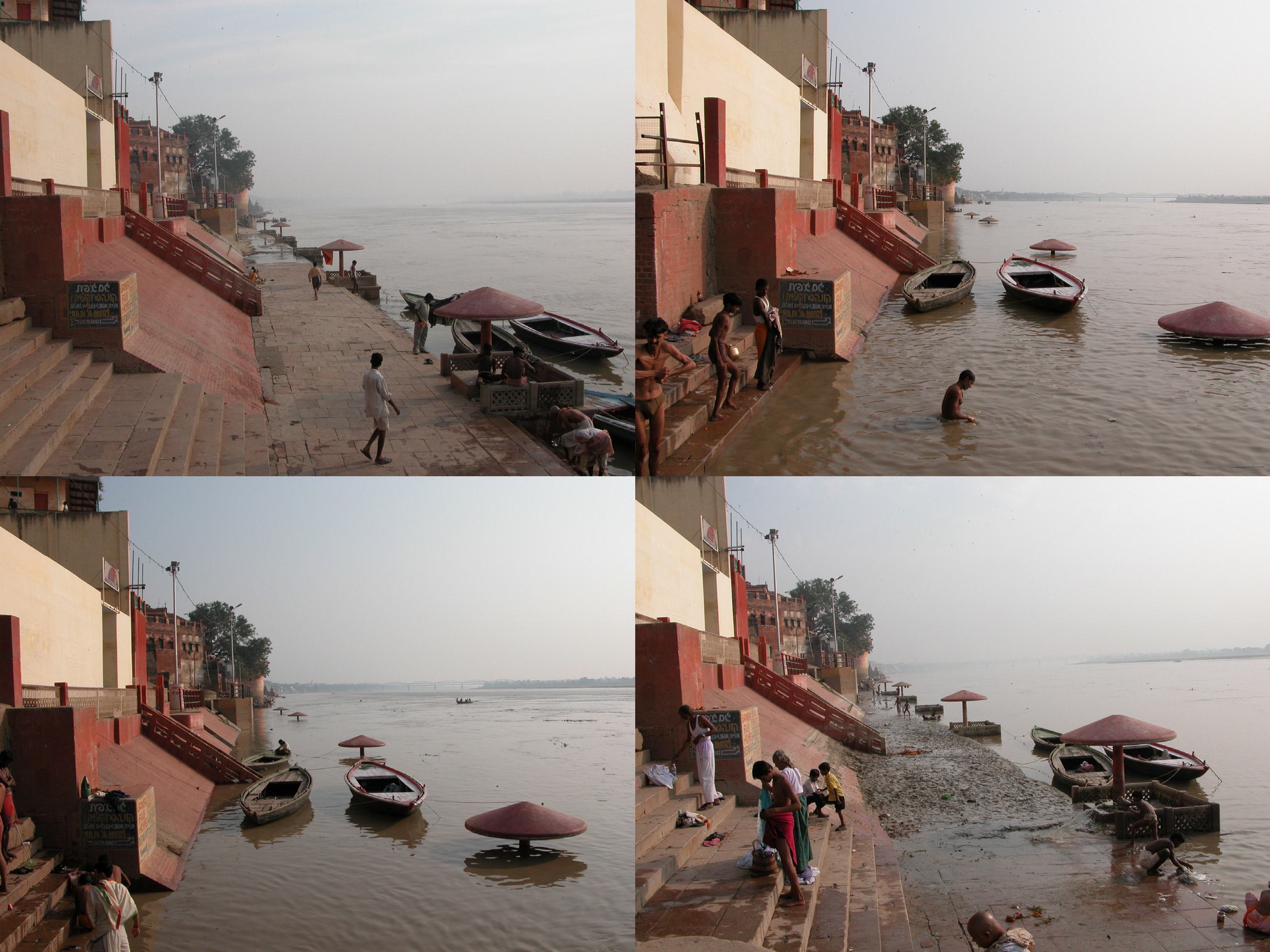 Dynamic change of water levels at the Meer Ghat, Varanasi, Uttar Pradesh. Clockwise from the top left: October 11-14, 2005. Photo: Anthony Acciavatti.