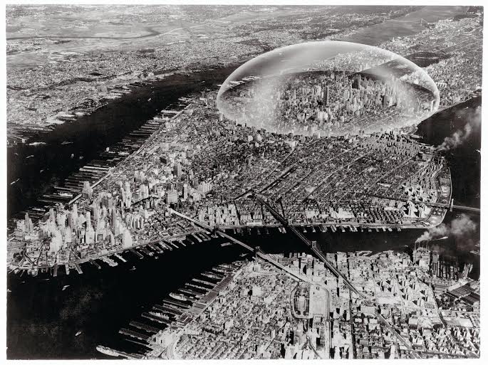 Buckminster Fuller and Shoji Sadao Dome Over Manhattan - Control: The invisible dome over the city can disconnect it form its environment and protect it from the evils of the atmosphere.