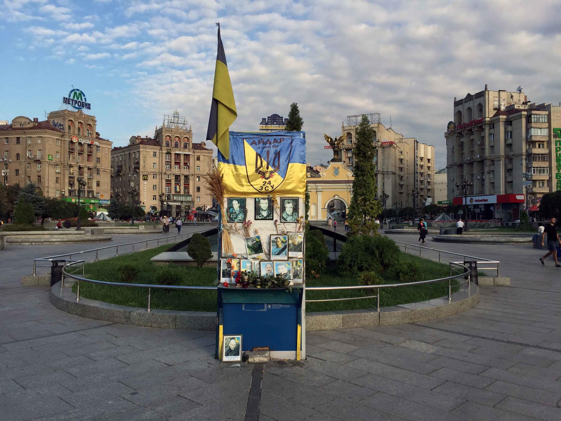 An informal monument to the heroes of the Euromaidan in 2013, situated on the central square (Maidan) in Kiev. In the background buildings from soviet times.